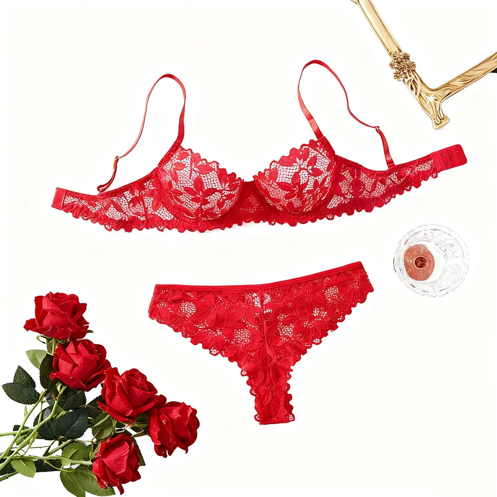 Fast Ship USA Women's Sexy Lace Bra Panty Set Sheer Mesh Lingerie for Ladies