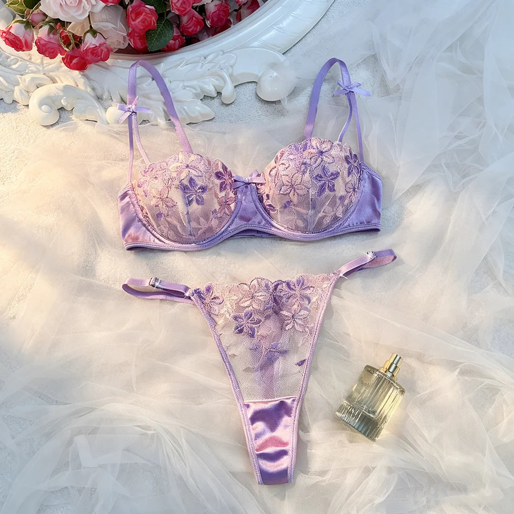 Romantic Purple Floral Lace Lingerie Set Satin Trim Bra & Thong for Valentine's & Date Night