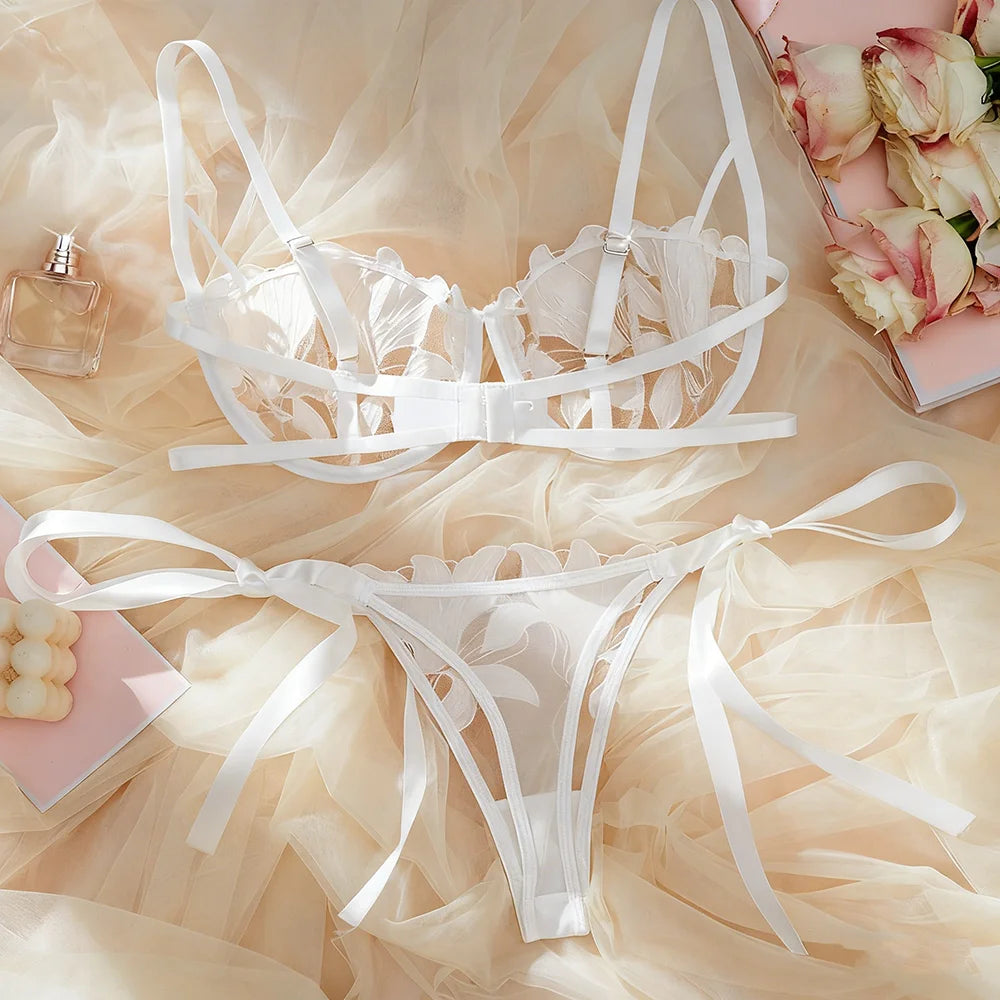USA Stock White Floral Lace Lingerie Set Underwire Balconette Bra & Thong Two-Piece Sexy Sheer Intimates