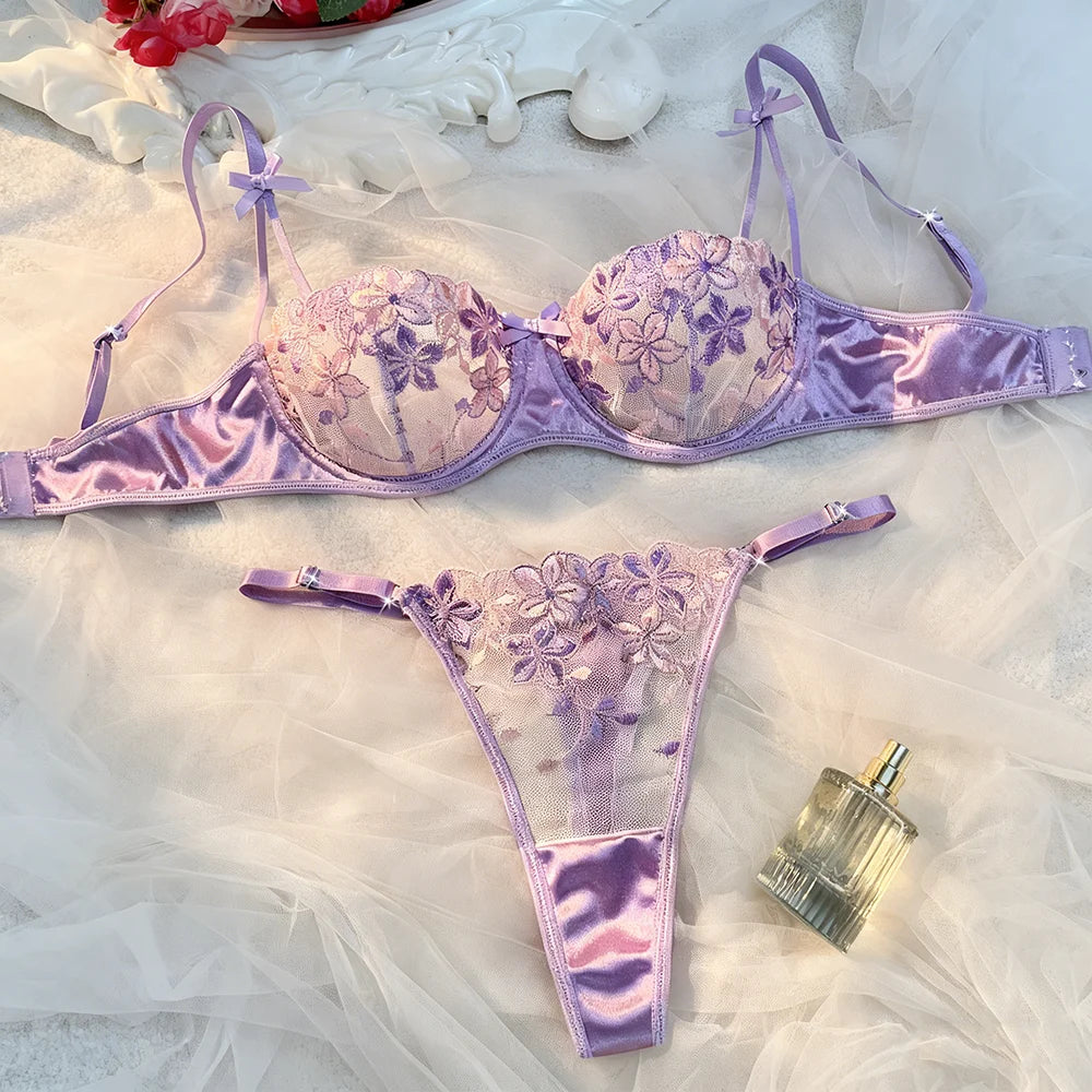 Romantic Purple Floral Lace Lingerie Set Satin Trim Bra & Thong for Valentine's & Date Night