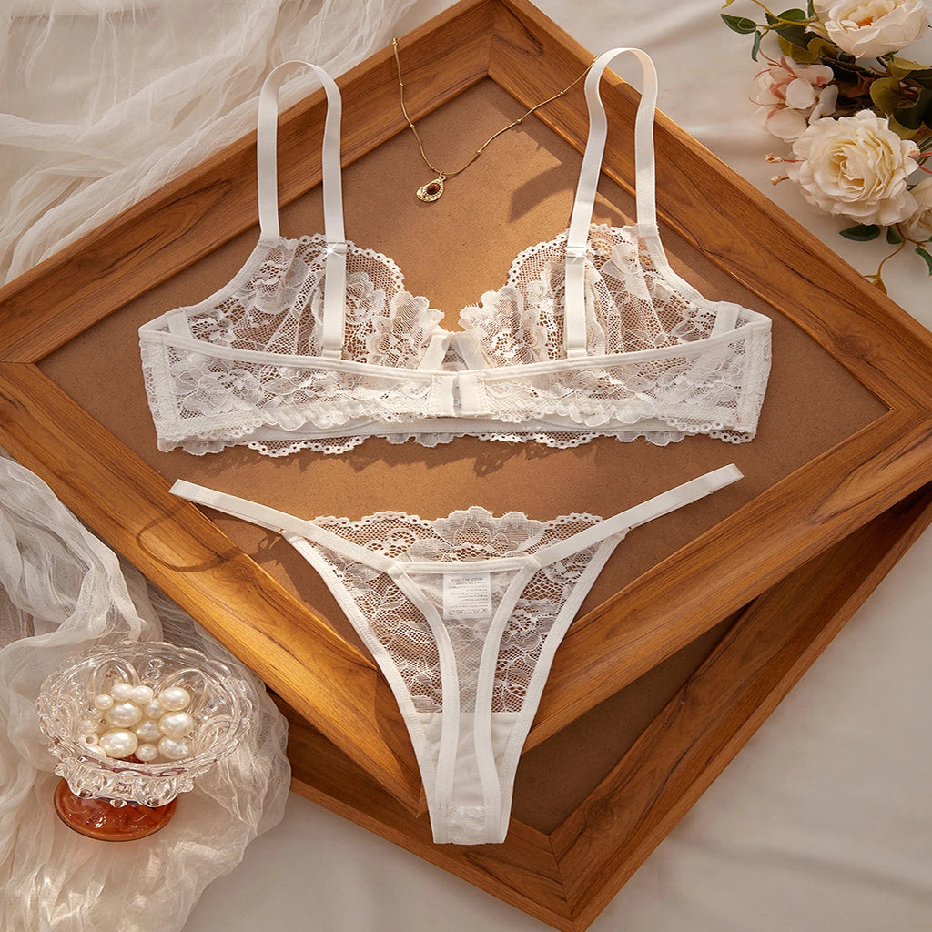Elegant White Floral Lace Lingerie Set Women's Sexy Transparent Bra and T-back Underwear Set