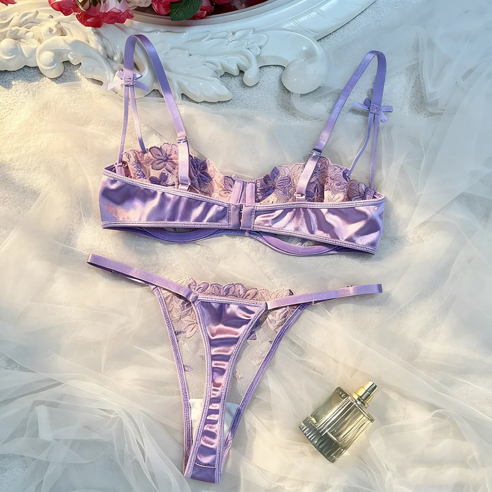 Romantic Purple Floral Lace Lingerie Set Satin Trim Bra & Thong for Valentine's & Date Night