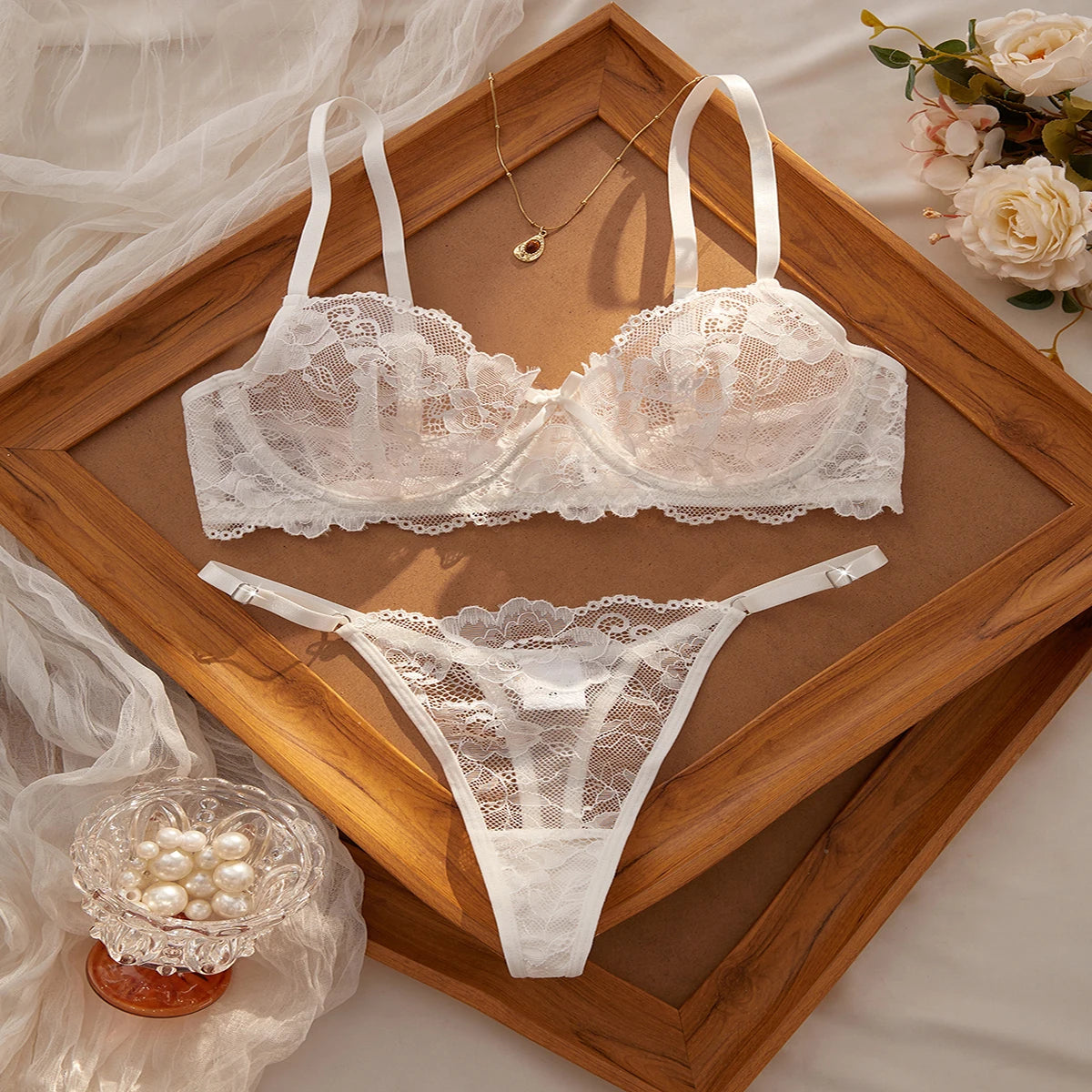 Elegant White Floral Lace Lingerie Set Women's Sexy Transparent Bra and T-back Underwear Set