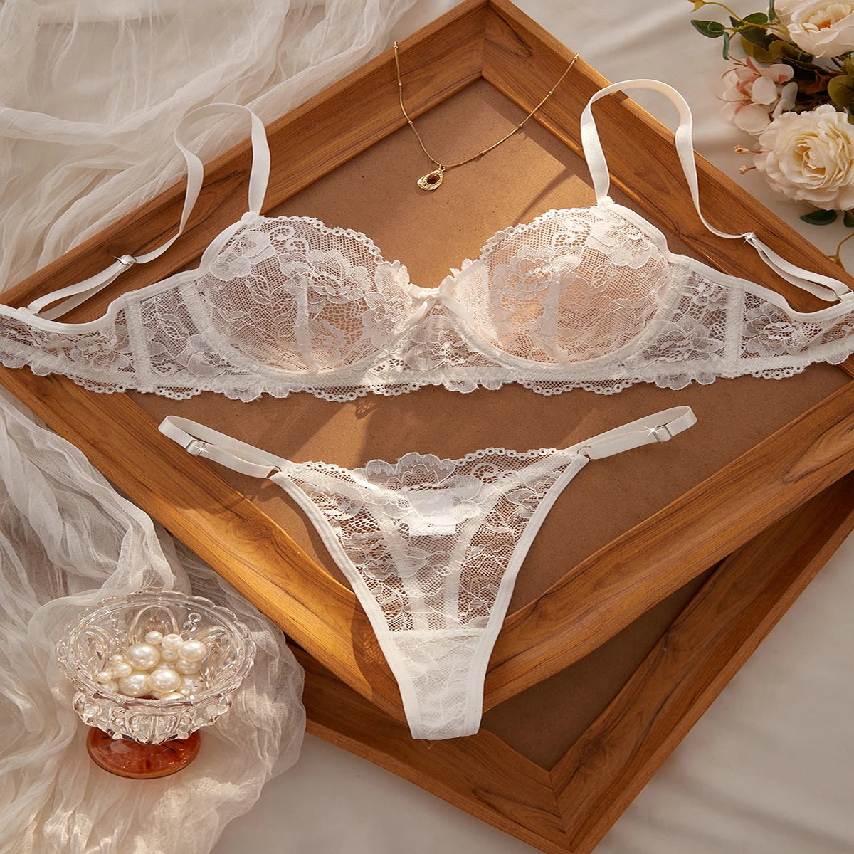Elegant White Floral Lace Lingerie Set Women's Sexy Transparent Bra and T-back Underwear Set