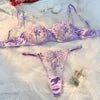 Romantic Purple Floral Lace Lingerie Set Satin Trim Bra & Thong for Valentine's & Date Night