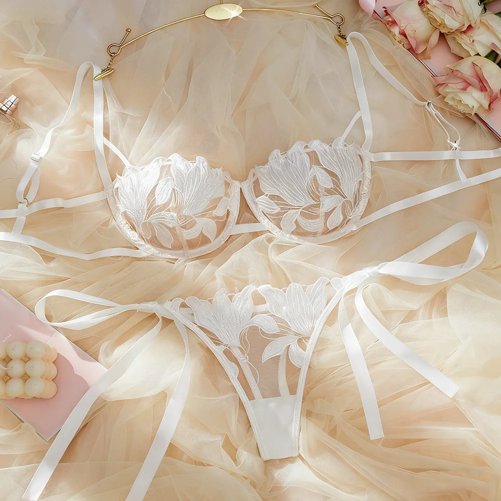 USA Stock White Floral Lace Lingerie Set Underwire Balconette Bra & Thong Two-Piece Sexy Sheer Intimates
