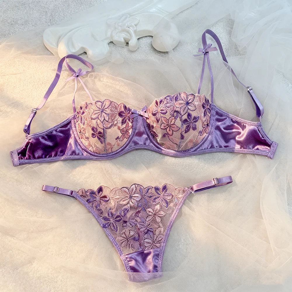 Romantic Purple Floral Lace Lingerie Set Satin Trim Bra & Thong for Valentine's & Date Night