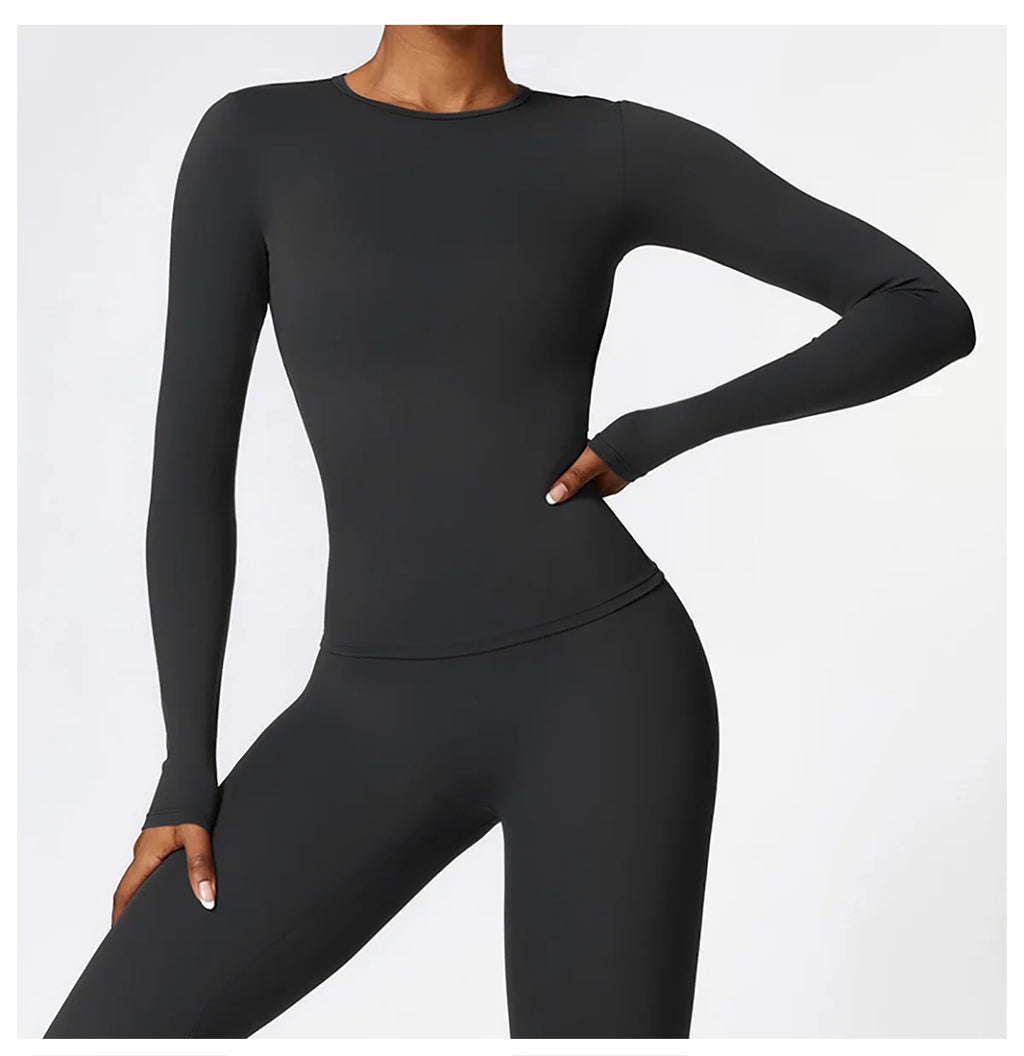 Women Yoga Solid Sports Top Long Sleeve Gym Workout Running Shirts Quick Dry Fitness Gym Sport Wear