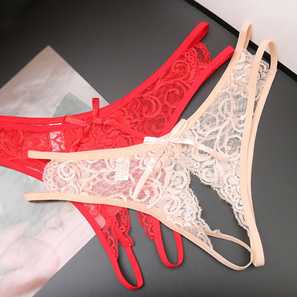 Sexy Open Crotch Panties Ladies Perspective Lace Lingerie Embroidered Bowknot Low-Waist Japanese Panties Breathable Pantys