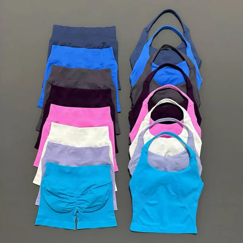 2 Pieces Shorts Yoga Set Women Backless Halter Tops High Waist Seamless Shorts Gym Suit Fitness Sportswear Workout Sets