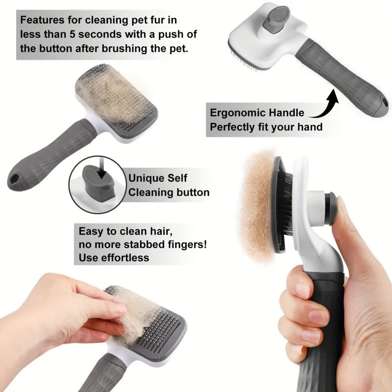 Dual-Use Dog Cat Grooming Brush 20×10×5.5cm, Self-Cleaning Slicker Comb with Round-Tip Bent Needles, Ergonomic Handle for Pet Hair