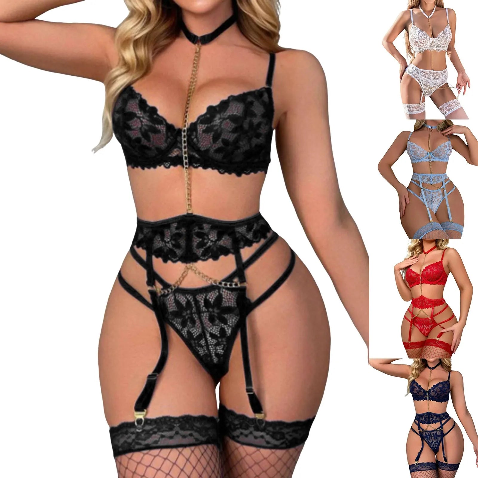 Plus Size Lingerie Set For Women Sexy Lace Halter Bralette Garters And Thong Set Temptation Pijama Bunny Girl Erotic Hot Outfits