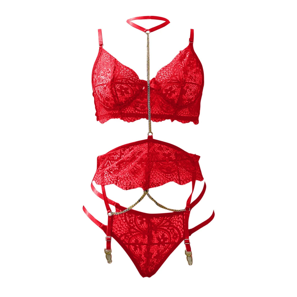 Plus Size Lingerie Set For Women Sexy Lace Halter Bralette Garters And Thong Set Temptation Pijama Bunny Girl Erotic Hot Outfits