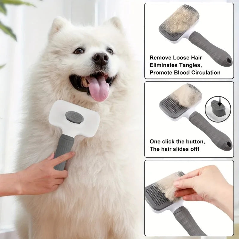 Dual-Use Dog Cat Grooming Brush 20×10×5.5cm, Self-Cleaning Slicker Comb with Round-Tip Bent Needles, Ergonomic Handle for Pet Hair